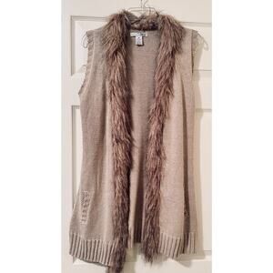 Rxb Beige Sweater Vest Open Cardigan Faux Fur Lined Boho Duster Longline Knit M